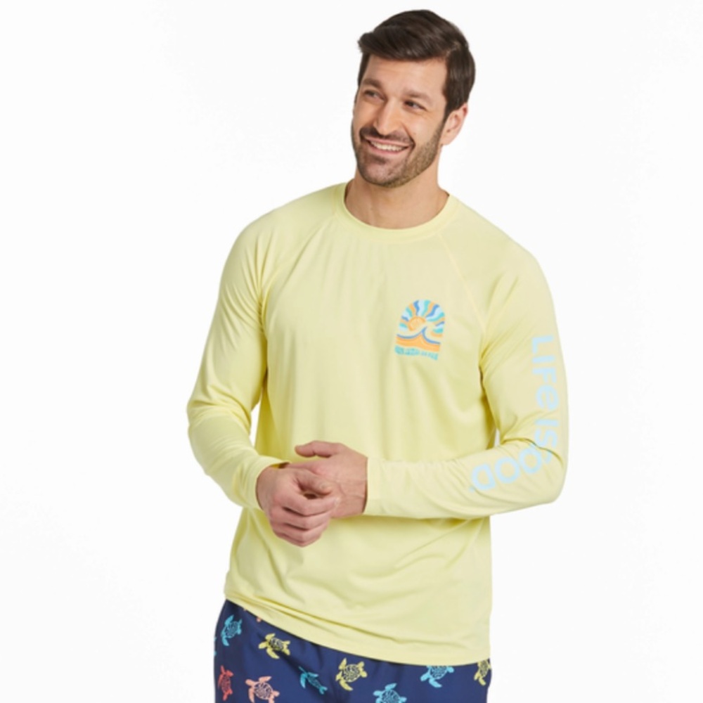 NEW 🏄Life is good Here Comes the Sun Men's Long Sleeve Rashguard in Lemon Small